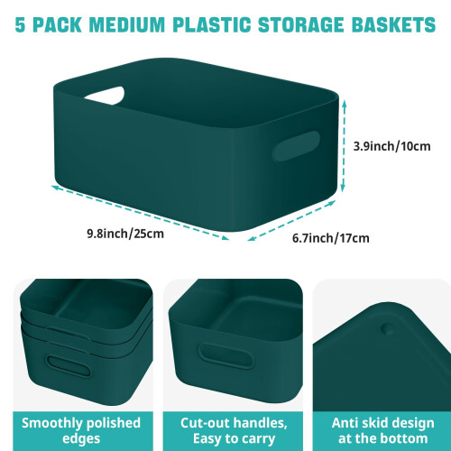 W&H 5 PCS Plastic Storage Boxes, Medium Plastic Storage Baskets with Handle, Home & Kitchen Cupboard Boxes, Organizer Baskets for Bathroom, Shelf 1