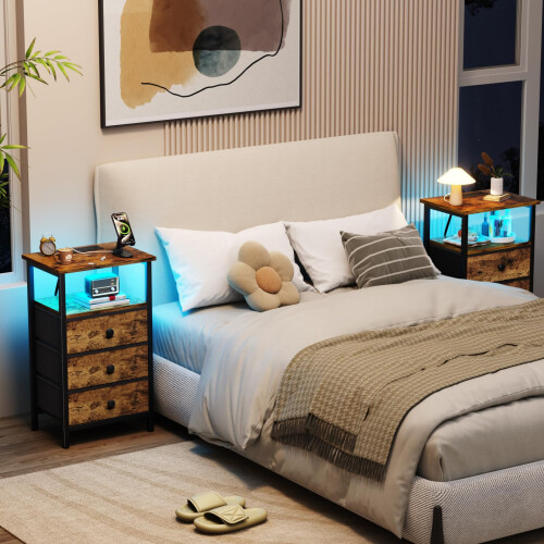 LOAKEKEL Bedside Table with Charging Station, Side Table with 3 Drawers 1