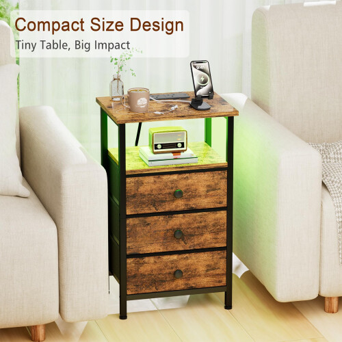 LOAKEKEL Bedside Table with Charging Station, Side Table with 3 Drawers 2