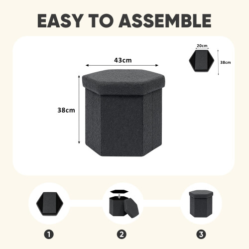 PINPLUS Boucle Ottoman Storage, Hexagonal Foldable Footrest, Dark Grey 2
