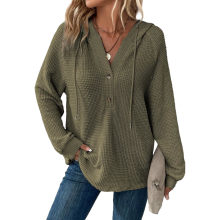 Damska Bluza z Kapturem Waflowana V-Neck Sportowa Ciepła Casual Zielona L