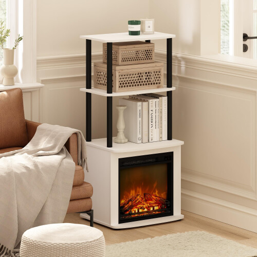 Furinno Turn-N-Tube 2 Tier Side Table Display Stand with Fireplace Insert, Plain White/Black 1