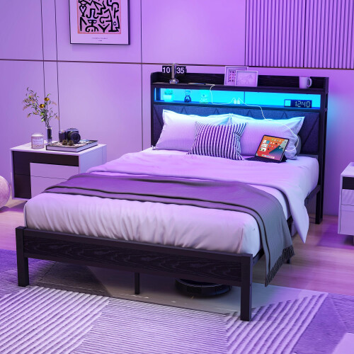 VERFARM 4ft6 Double Size Bed Frame with LED Lights Storage Upholstered Headboard and Charging Station, Solid Metal Platform Bed Double Size 1