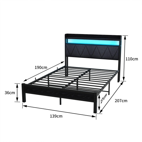VERFARM 4ft6 Double Size Bed Frame with LED Lights Storage Upholstered Headboard and Charging Station, Solid Metal Platform Bed Double Size 2