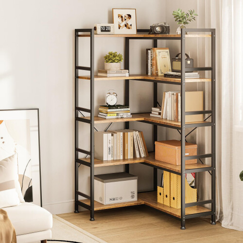 Coleshome 5-Tier L-Shape Corner Bookcase, 145.5cm, Brown 1