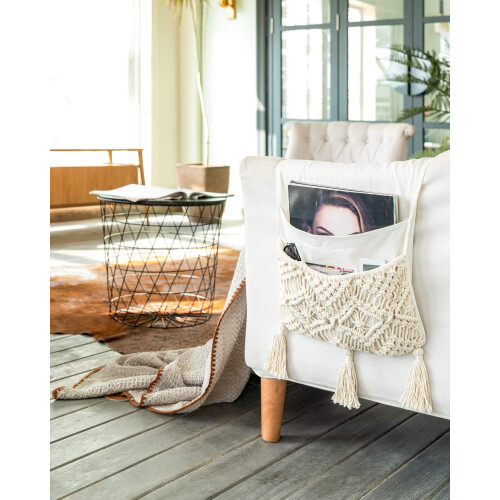 Mkono Macrame Armchair Caddy, Boho Couch Armrest Organizer, 4 Pockets Beige 1