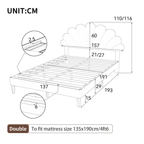 ModernLuxe Upholstered Double Bed, 4FT6 Bed Frame with Adjustable Chic Petal Headboard, Solid Wooden Slatted Frame, No Box Spring Needed 1