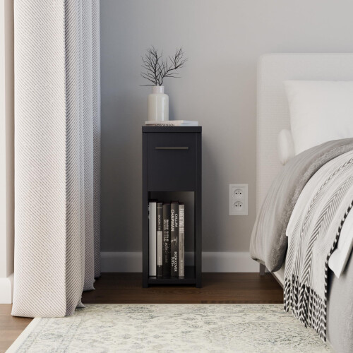 ComfortCove Narrow Bedside Table with Storage Shelf & Handle, Black 1