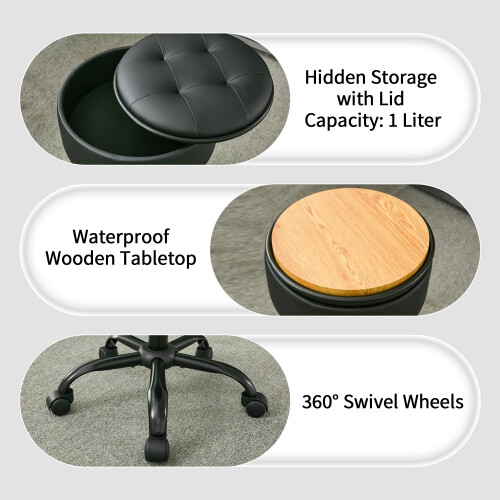 FIRAVOE Drafting Chair with Storage, Adjustable Leather Drafting Stool 52.5â“62.5 cm, Black Rolling Office Stool 2
