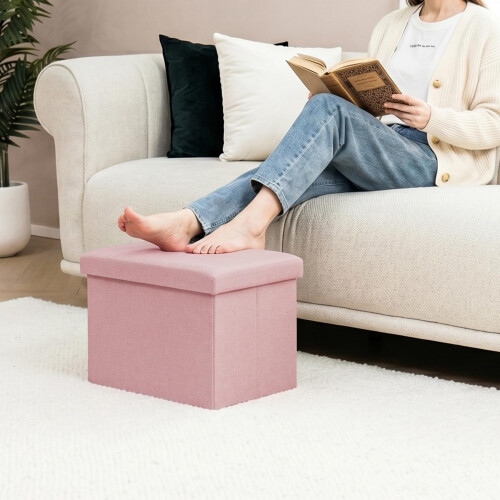 PINPLUS Folding Storage Box Ottoman, Linen Small Footstool, Pink 1