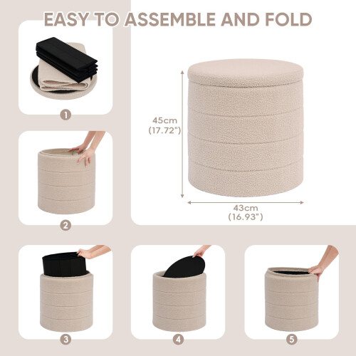 PINPLUS Round Ottoman Storage, Convertible Table, Beige, 43x43x45 cm 2
