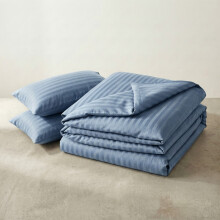 (Double, Washed Blue) Imperial Rooms Stripe Duvet Cover Bedding Set | Premium Quilt Cover with Pillowcases