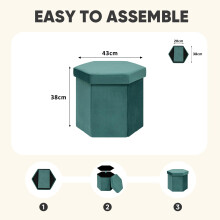 PINPLUS Hexagonal Storage Ottoman, Velvet Foldable Footstool, Teal