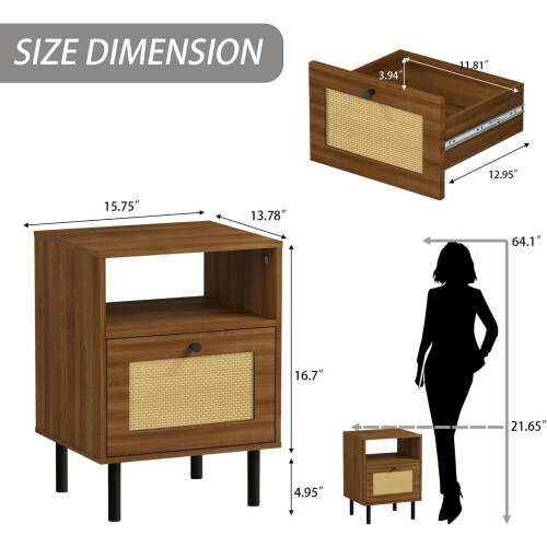 Bedside Table, Boho Farmhouse Walnut Rattan Nightstand with Drawers 2