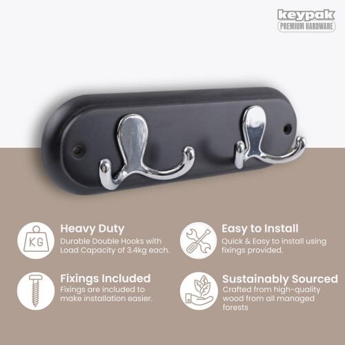 keypak Wall Mounted Robe Coat Rack with 2 Black Double Hooks 1