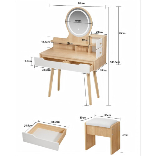 Dressing Table with Round Mirror and Lights, Small Vanity Desk with Stool 1