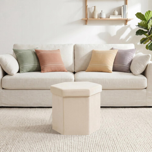 PINPLUS Hexagonal Storage Ottoman, Velvet Foldable Footstool, Cream White 1