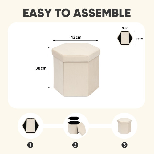 PINPLUS Hexagonal Storage Ottoman, Velvet Foldable Footstool, Cream White 2