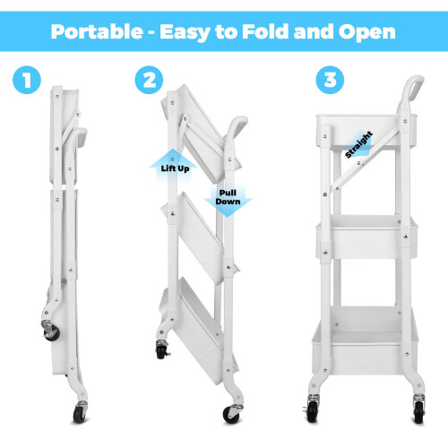johgee Foldable 3 Tier Metal Utility Rolling Cart, Folding Mobile Multi-Function Storage Trolley Organizer Cart for Home Library 1