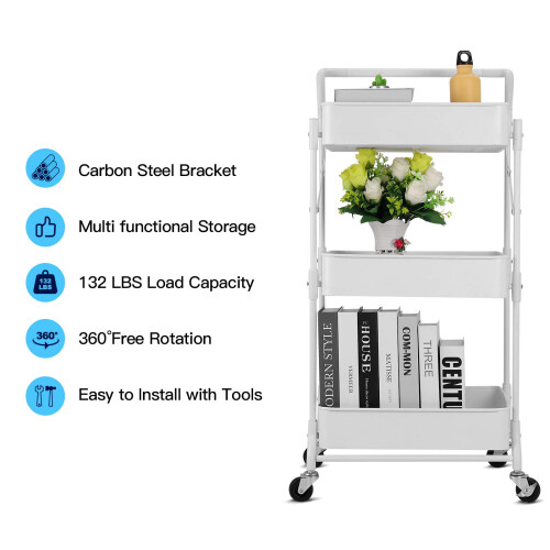 johgee Foldable 3 Tier Metal Utility Rolling Cart, Folding Mobile Multi-Function Storage Trolley Organizer Cart for Home Library 2