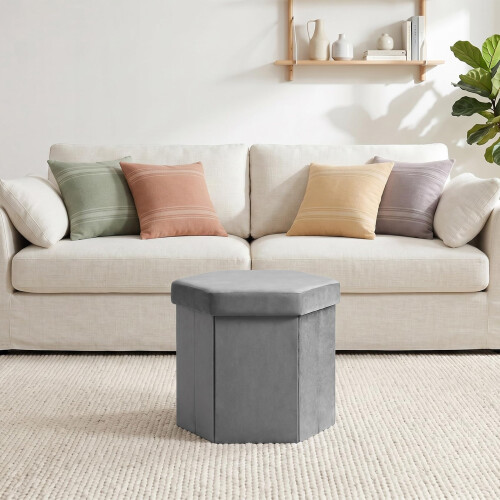 PINPLUS Hexagonal Storage Ottoman, Velvet Foldable Footstool, Grey 1