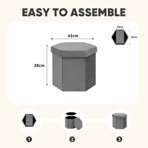 PINPLUS Hexagonal Storage Ottoman, Velvet Foldable Footstool, Grey 2