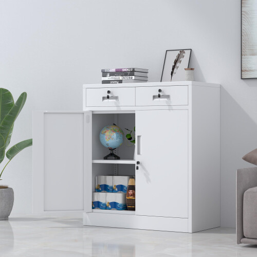 JINGUR Metal Storage Cupboard with Locking Doors and 2 Drawers (White) 1