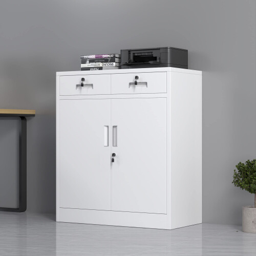 JINGUR Metal Storage Cupboard with Locking Doors and 2 Drawers (White) 2