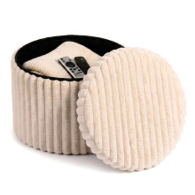 GEEZY Foldable Ottoman Storage Stool Round Plush Collapsible Beige Footstool with Lid