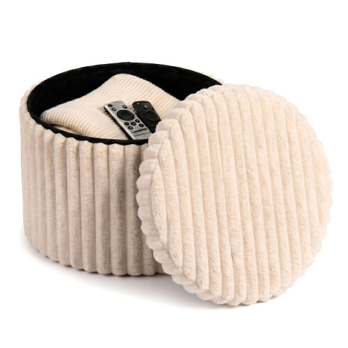 GEEZY GEEZY Foldable Ottoman Storage Stool Round Plush Collapsible Beige Footstool with Lid