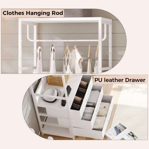 VOWNER Hall Tree Entryway Coat Rack 3-Drawer Bench White Hanging Rod 1