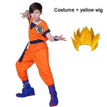 (Costume Yellow Wig, Kid 140-XL) Son Goku Costume for Adults and Kids, Anime Cosplay Uniform with Wig for Halloween and Parties