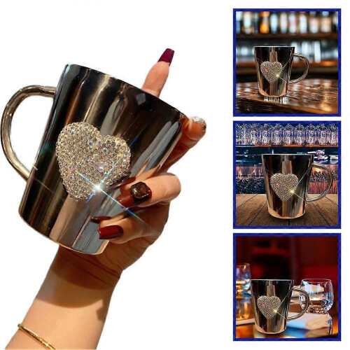Caneca de café e cerveja em aço inoxidável com cristais em formato de coração e alça resistente 2