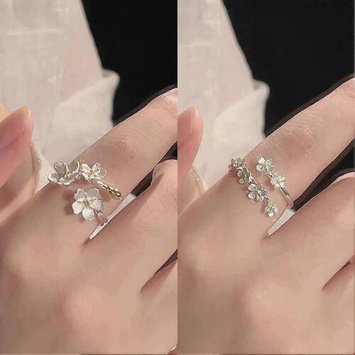 Conjunto de anéis ajustáveis com flor delicada, cor prateada, para mulher, estilo coreano elegante 2