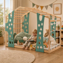 WestWood Kids Climbing House Bed Wooden Playhouse Floor Bed with Rope Net Fun Natural
