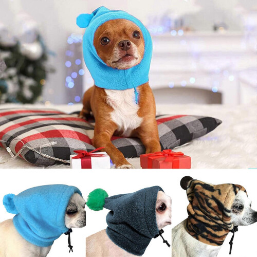 (dark green, M) Dog Warm Hat Solid Color Small Pompom Drawstring Winter Leopard Print Blue M 1