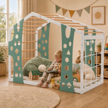 WestWood Kids Climbing House Bed Wooden Playhouse Floor Bed with Rope Net Fun