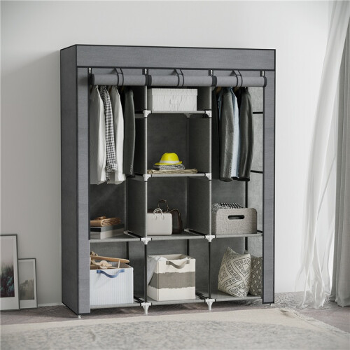 Fabric Wardrobe, with Rails and Shelves - Dark Grey 2
