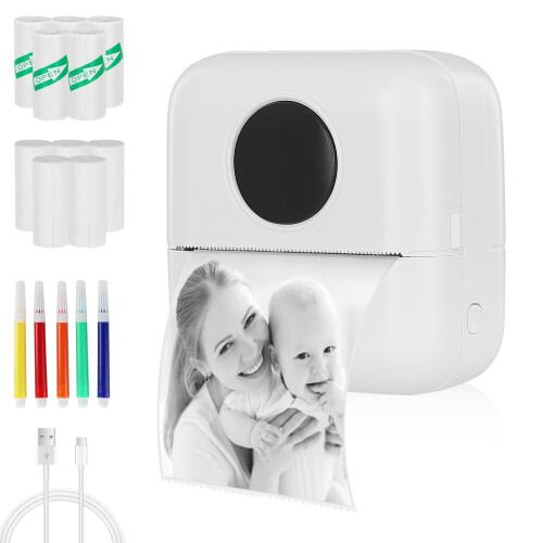 Mini Thermal Printer BT Label Maker, Portable Sticker Printer for iOS Android, Inkless Printer with 5 Paper Rolls & Self-Adhesive Pens for Notes