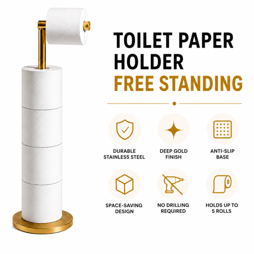 ZISH Toilet Roll Holder Free Standing - Gold 1