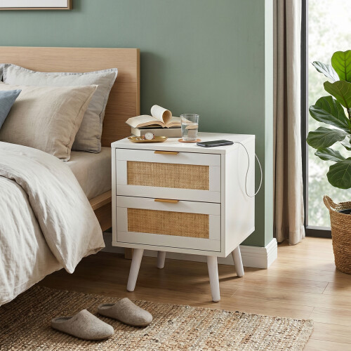 Living And Home Set of 2 Dual-Drawer Bedside Tables Nightstands, White 1