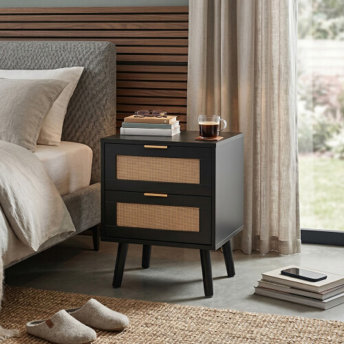 Living And Home 2 Pack Wood and Rattan Side Cabinet Bedside Table NightStand, Black 1