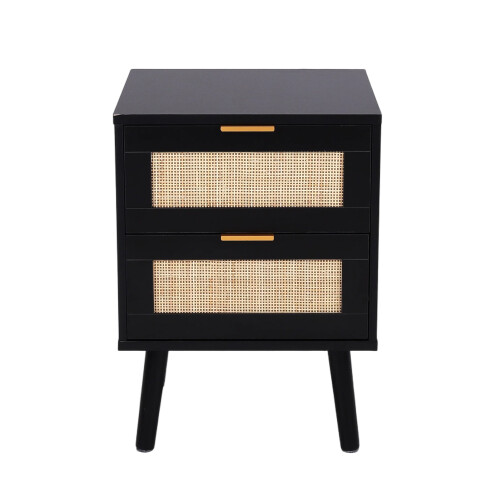 Living And Home 2 Pack Wood and Rattan Side Cabinet Bedside Table NightStand, Black 2