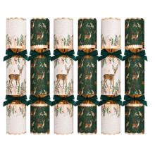6 Large Deluxe Christmas Crackers Green Deer Design