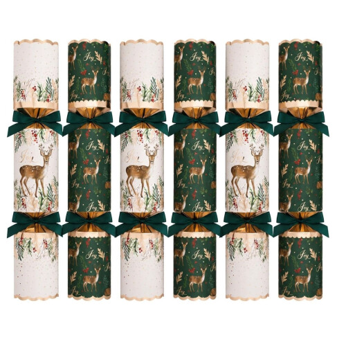 6 Large Deluxe Christmas Crackers Green Deer Design