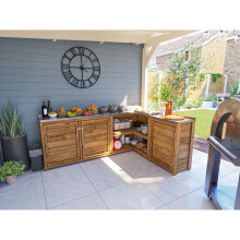Wooden Garden Kitchen Unit L-Configuration With Stainless Steel Countertop, W2m x D1.5m / W7' x D5 Dunster House