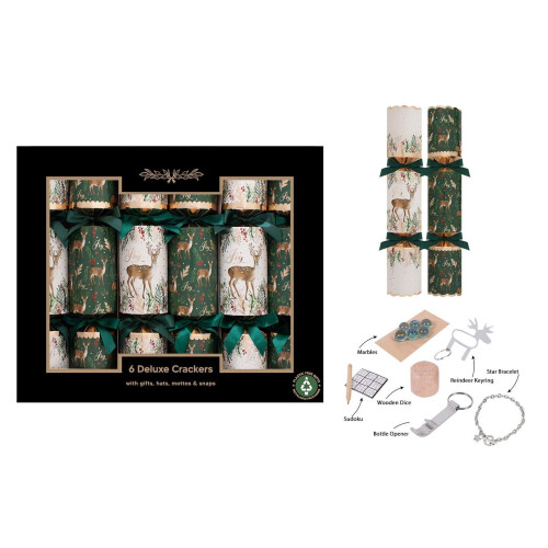 6 Large Deluxe Christmas Crackers Green Deer Design 1