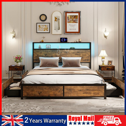 4ft6 Double Bed Frame Metal Bed Platform LED Lights Headboard & 4 Storage Drawer