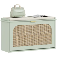 Boho Shoe Bench with Padded Seat and Flip-Drawer - Light Green