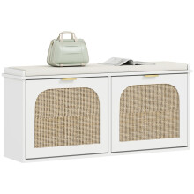 Boho Shoe Bench with Padded Seat and 2 Flip-Drawers - White